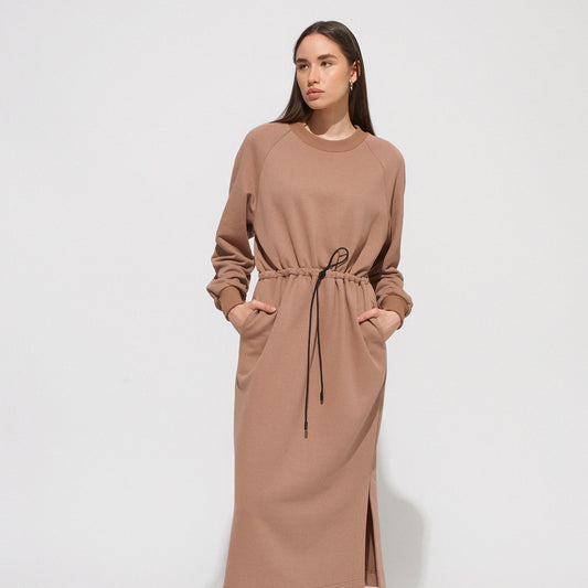 Light Brown Elastic Wasted Cotton Dress